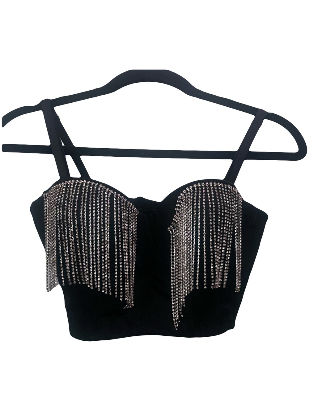 Black Rhinestone Fringe Bustier Crop Top
